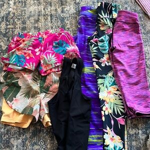 3 pants purple a little worn. 2 shirts no stains and 1 shirt